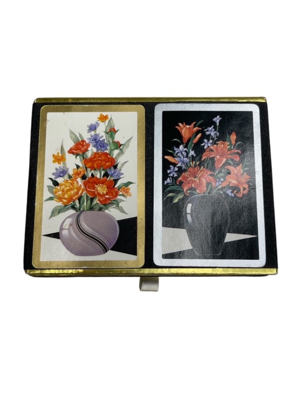 Vintage 80’s Double Deck Art Deco Floral Playing Cards Set Velvet Pull Slide Box